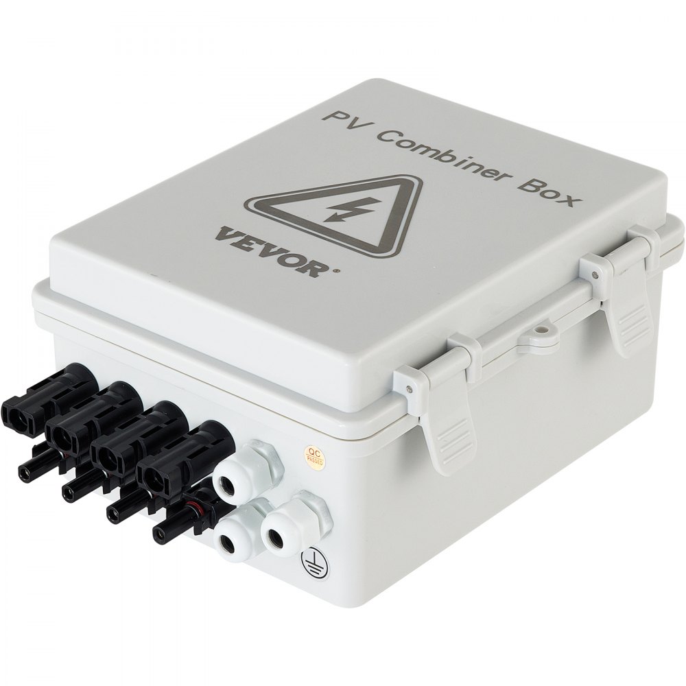 Caja combinadora fotovoltaica VEVOR de 4 cadenas con fusible de corriente nominal de 15 A, disyuntor de 63 A, pararrayos y conector solar. Carcasa de plástico ABS para sistemas de paneles solares conectados o aislados de la red, IP65.