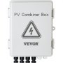 Caja combinadora fotovoltaica VEVOR con símbolo de advertencia eléctrica y múltiples conectores de cable.