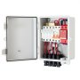Caja combinadora fotovoltaica VEVOR con tapa abierta que muestra el cableado interno y los componentes del circuito.