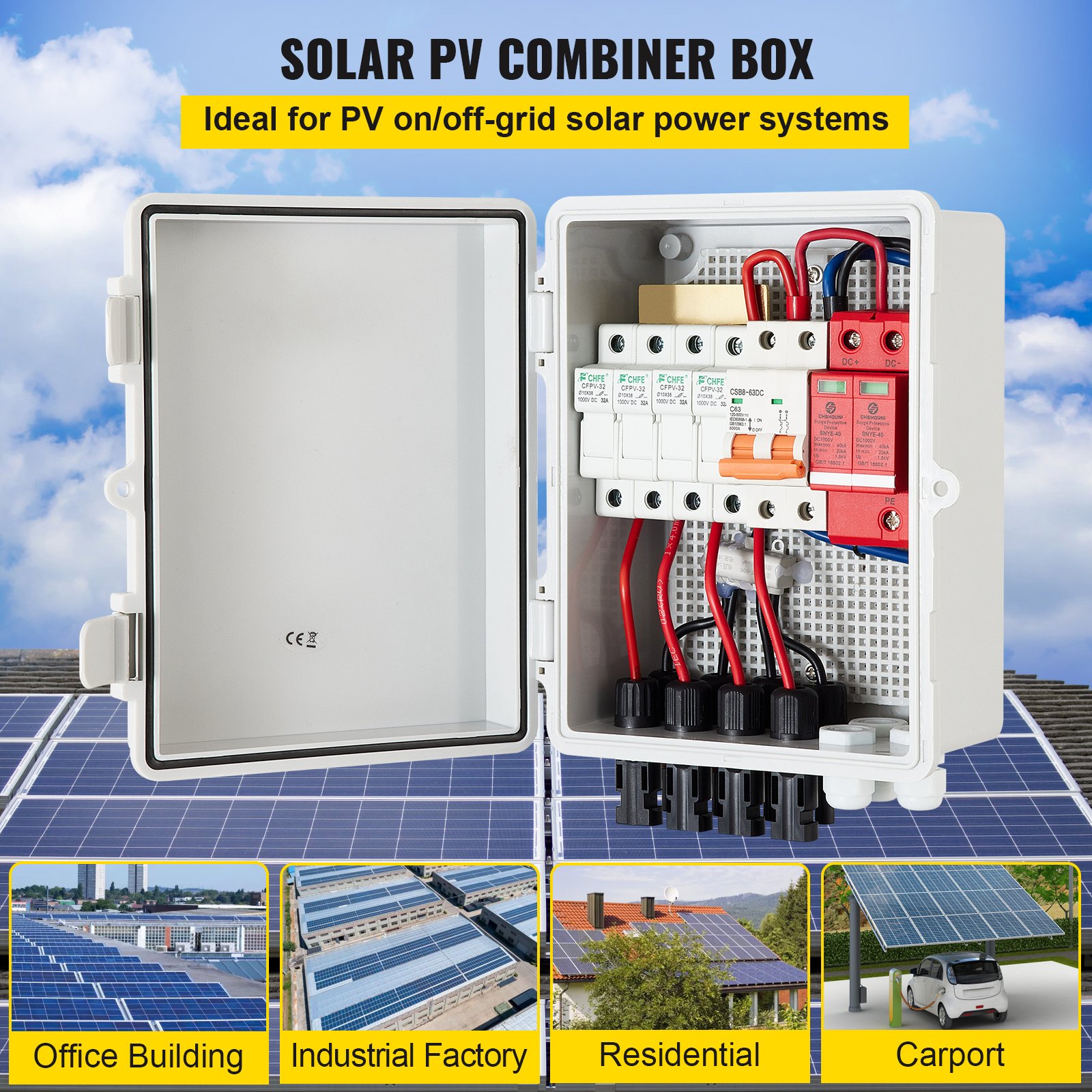 Caja combinadora fotovoltaica VEVOR abierta en la azotea contra el cielo azul, se muestran varias aplicaciones.