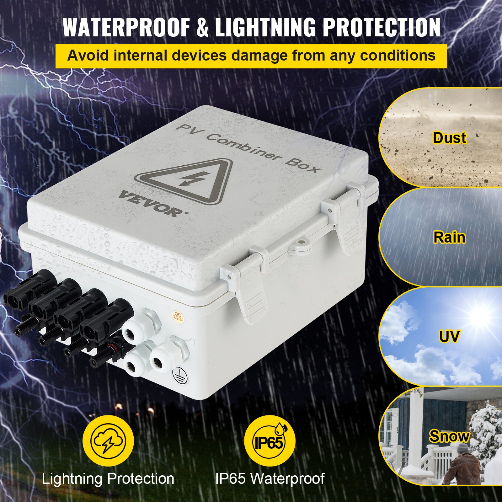 Caja combinadora fotovoltaica VEVOR con protección contra rayos e IP65 a prueba de agua para polvo, lluvia, rayos UV y nieve.