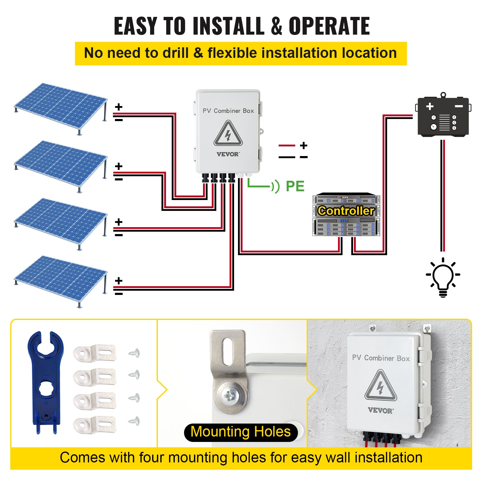 Diagrama de fácil instalación para caja combinadora fotovoltaica VEVOR con cuatro orificios de montaje.