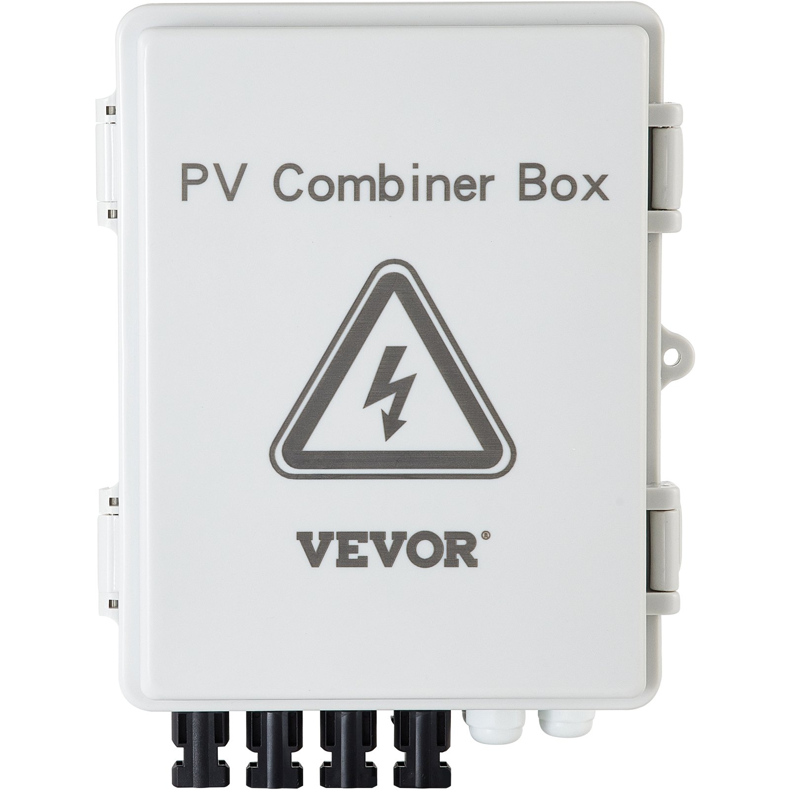 Caja combinadora fotovoltaica VEVOR con símbolo de advertencia eléctrica y múltiples conectores de cable.
