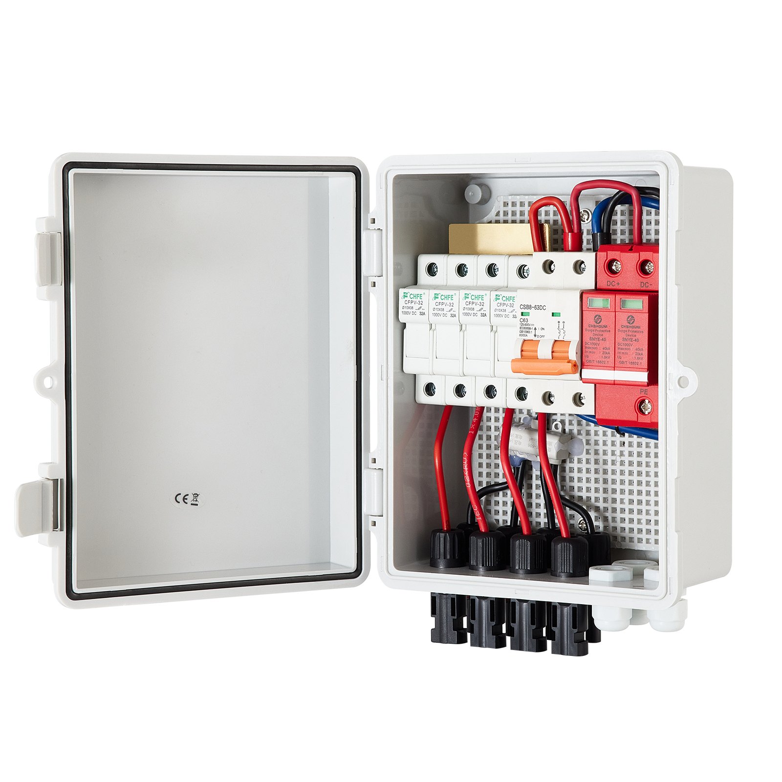 Caja combinadora fotovoltaica VEVOR con tapa abierta que muestra el cableado interno y los componentes del circuito.