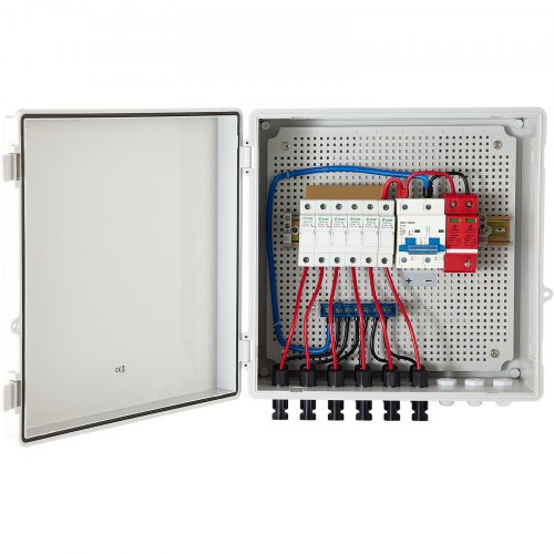 VEVOR PV Combiner Box, 6 String, Solar Combiner Box con fusible de corriente nominal de 15 A, disyuntor de 125 A, pararrayos y conector solar, para sistema de panel solar de red de encendido/apagado, resistente al agua IP65