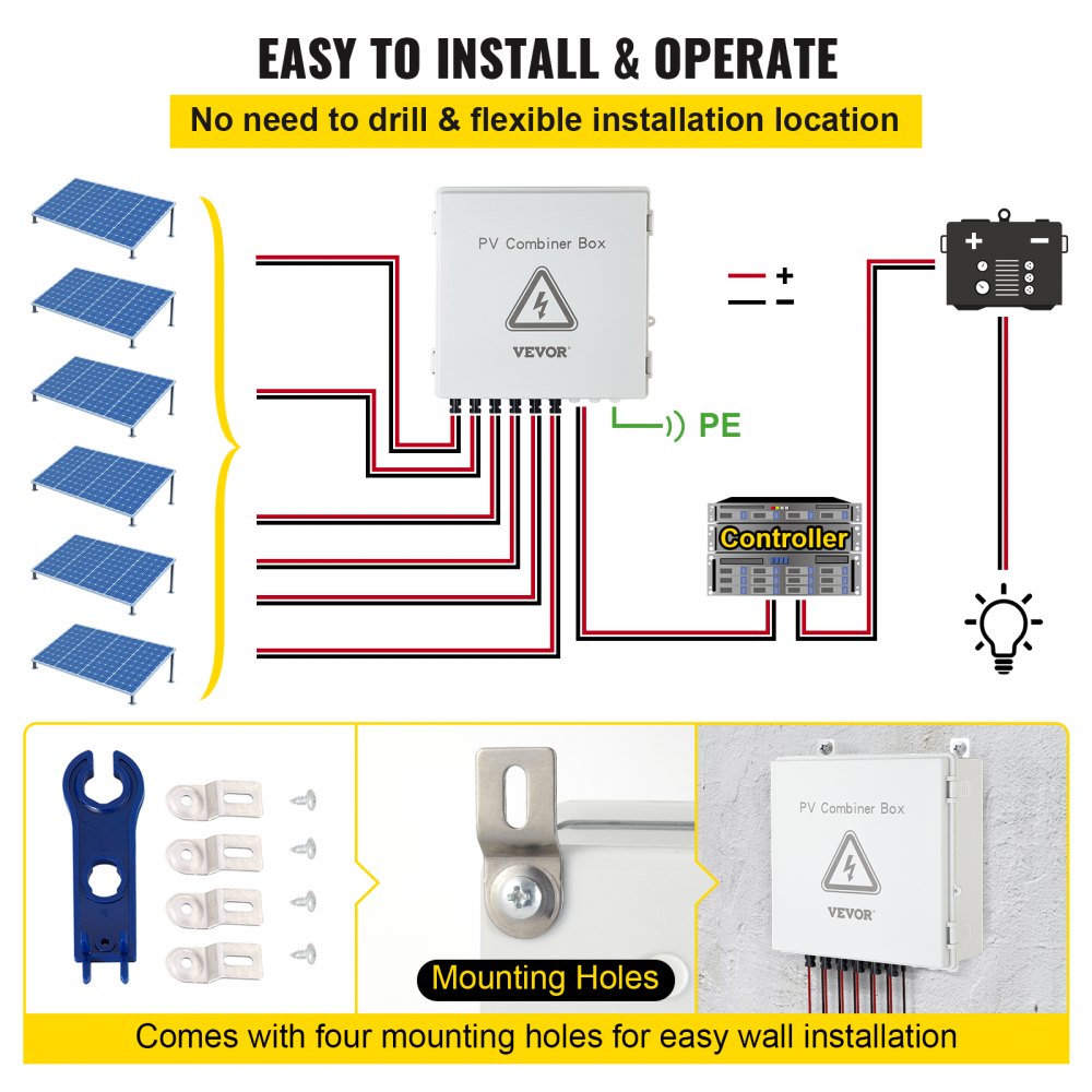 Diagrama de caja combinadora fotovoltaica VEVOR con paneles solares, controlador y accesorios de montaje.