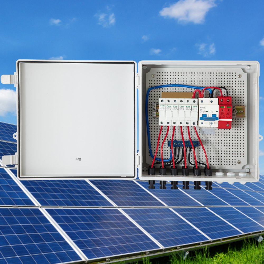 Caja combinadora fotovoltaica VEVOR con paneles solares bajo un cielo azul.