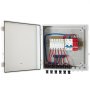 Caja combinadora fotovoltaica VEVOR abierta con cableado y componentes visibles.