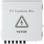 Caja combinadora fotovoltaica VEVOR con símbolo de precaución y múltiples puertos de conexión en la parte inferior.