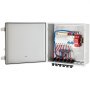 Caja combinadora fotovoltaica VEVOR con tapa abierta que muestra el cableado, los disyuntores y el protector contra sobretensiones.