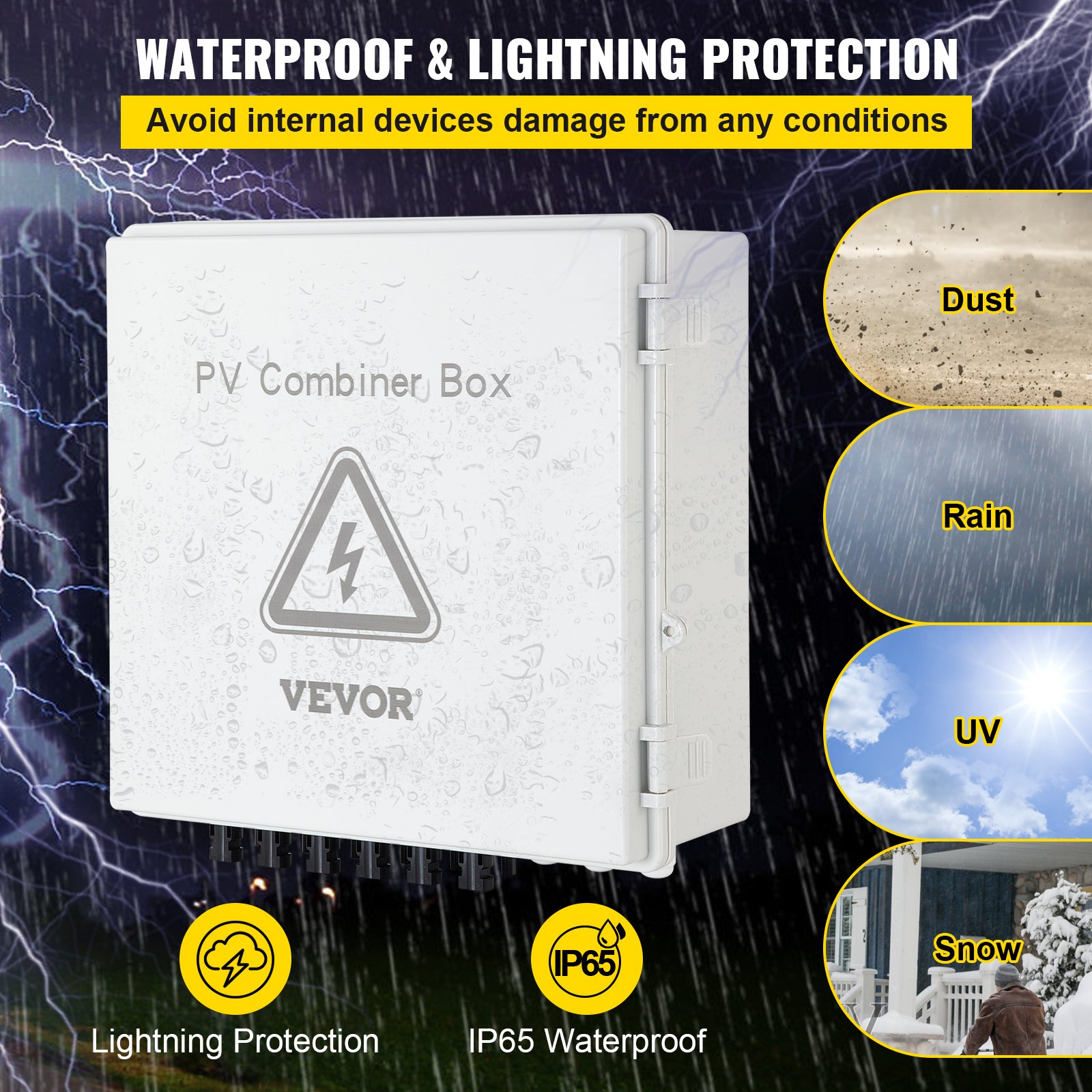 Caja combinadora fotovoltaica VEVOR que ofrece protección IP65 contra rayos y a prueba de agua.