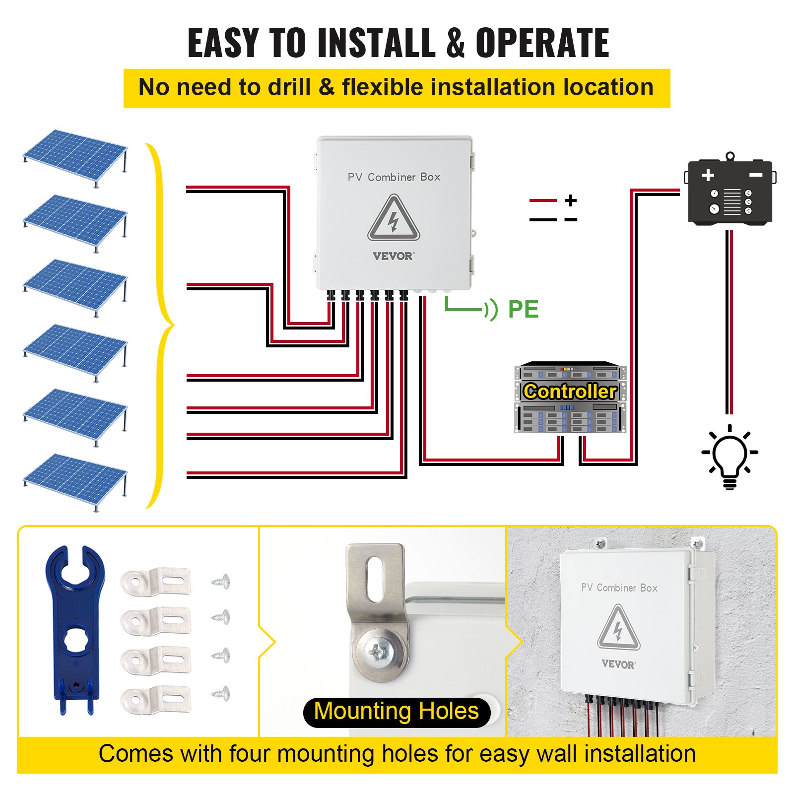 Diagrama de caja combinadora fotovoltaica VEVOR con paneles solares, controlador y accesorios de montaje.