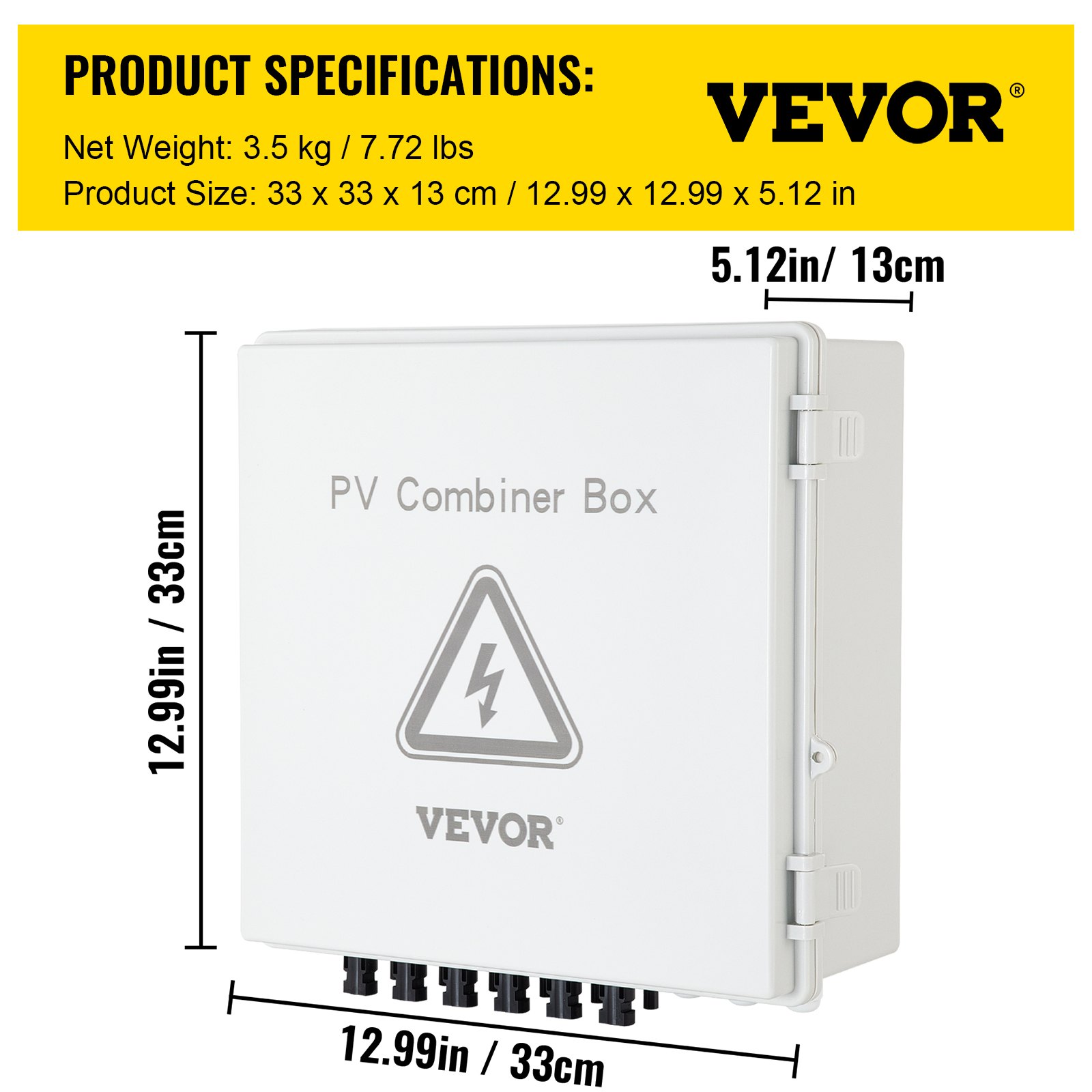 Caja combinadora fotovoltaica VEVOR con especificaciones de dimensiones y peso.