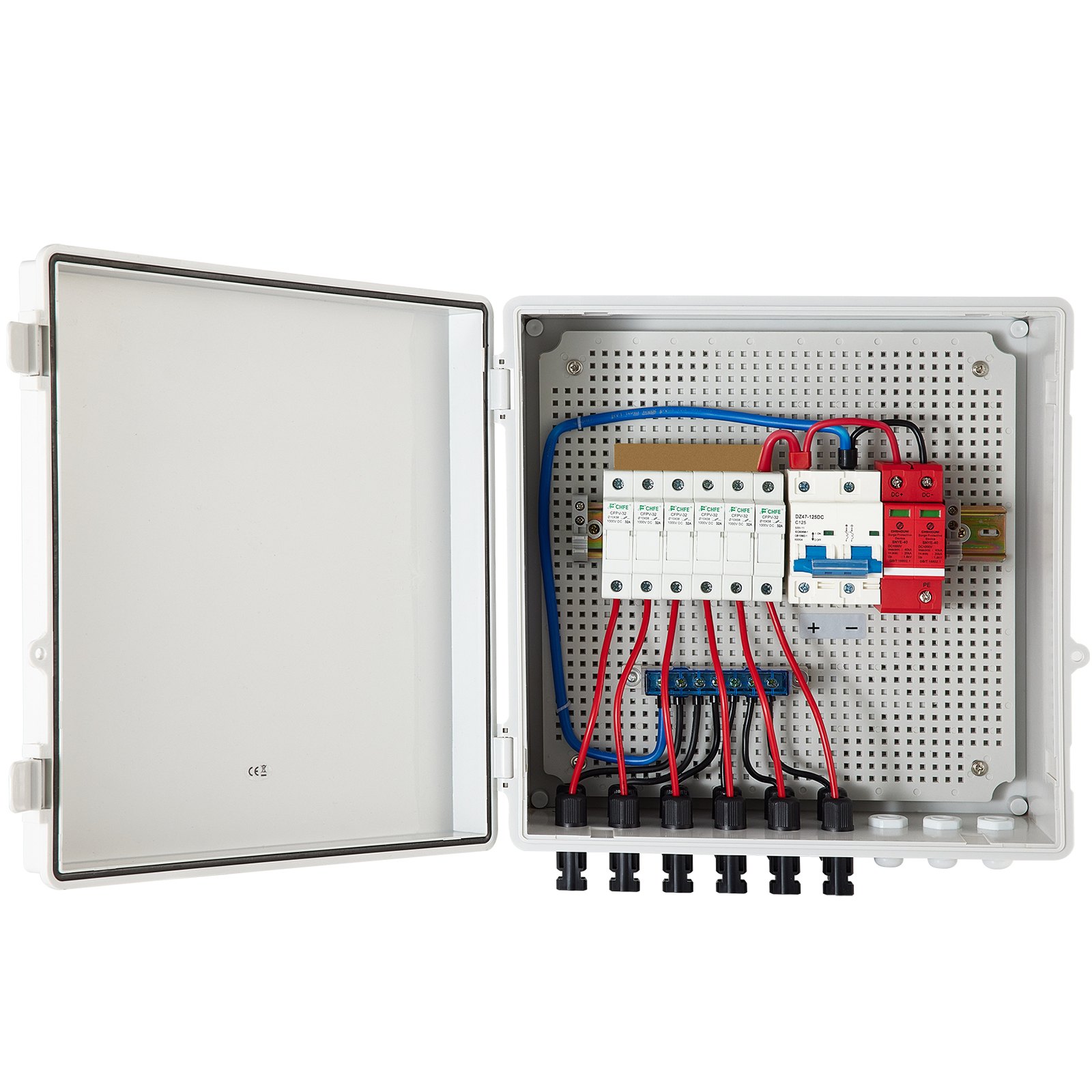 Caja combinadora fotovoltaica VEVOR abierta con cableado y componentes visibles.