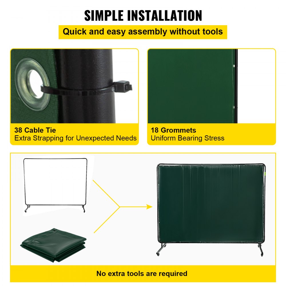 Configuración de pantalla de soldadura VEVOR con bridas, ojales y sencillos pasos de instalación.