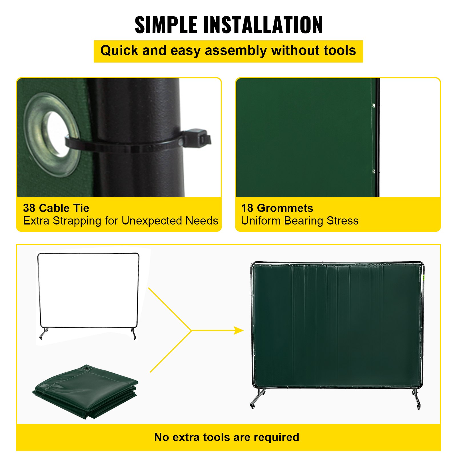 Configuración de pantalla de soldadura VEVOR con bridas, ojales y sencillos pasos de instalación.