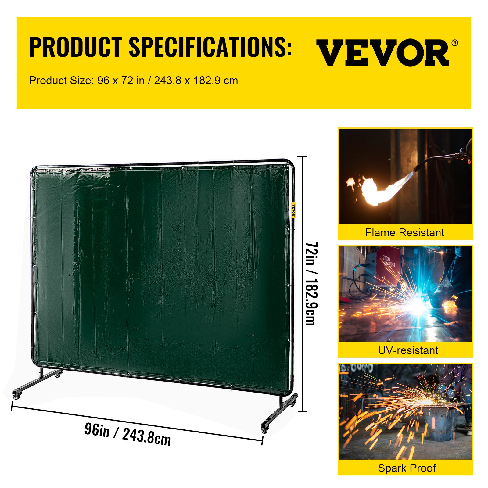 Pantalla de soldadura VEVOR, 96x72 pulgadas, resistente al fuego y a los rayos UV, a prueba de chispas, verde.