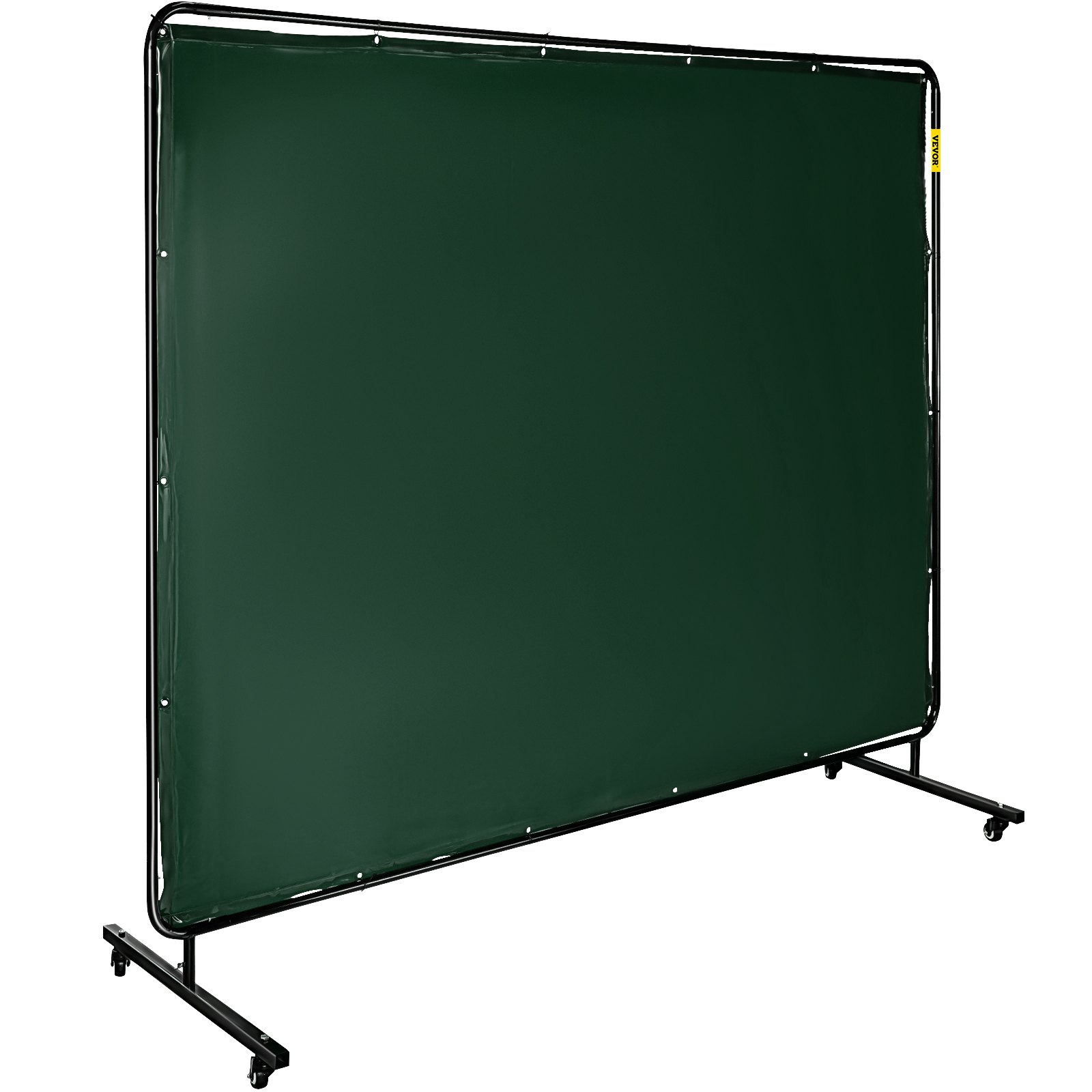 Pantalla de soldadura VEVOR con material ignífugo verde y marco de metal negro sobre ruedas