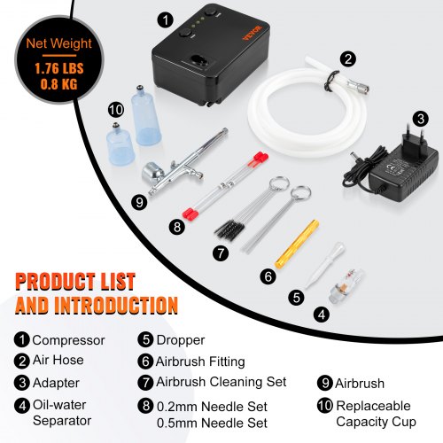 VEVOR Kit de aerógrafo, juego de aerógrafo portátil con compresor, kit de sistema de aerógrafo con aerógrafos multiusos de alimentación por gravedad de doble acción, maquillaje de tatuaje de galleta de uñas de arte