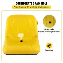 Asiento de tractor universal VEVOR, respaldo alto industrial, repuesto de asiento de cortacésped de PVC para césped y jardín, marco de acero con orificio de drenaje, asiento compacto para montacargas, compatible con excavadora, cortacésped, montacargas, amarillo