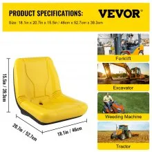 Asiento de tractor universal VEVOR, respaldo alto industrial, repuesto de asiento de cortacésped de PVC para césped y jardín, marco de acero con orificio de drenaje, asiento compacto para montacargas, compatible con excavadora, cortacésped, montacargas, amarillo