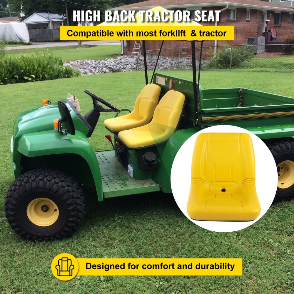 Asiento de tractor universal VEVOR, 2 piezas de respaldo alto industrial, marco de acero, asiento compacto para montacargas con orificio de drenaje, repuesto de asiento de cortacésped de PVC para césped y jardín, compatible con excavadora, cortacésped, montacargas, amarillo