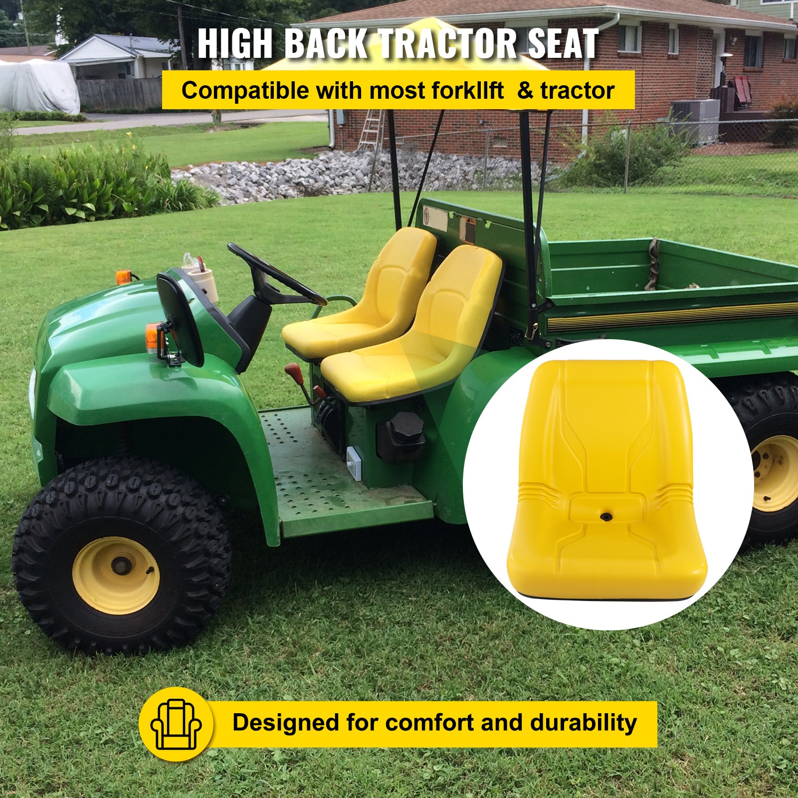 Asiento de tractor universal VEVOR, 2 piezas de respaldo alto industrial, marco de acero, asiento compacto para montacargas con orificio de drenaje, repuesto de asiento de cortacésped de PVC para césped y jardín, compatible con excavadora, cortacésped, montacargas, amarillo