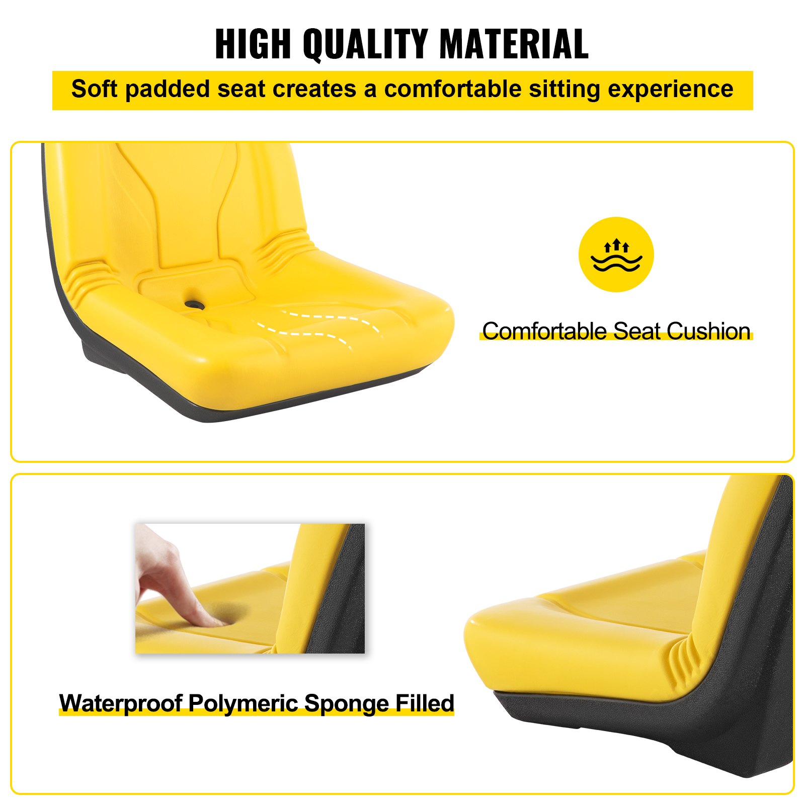 Asiento de tractor universal VEVOR, 2 piezas de respaldo alto industrial, marco de acero, asiento compacto para montacargas con orificio de drenaje, repuesto de asiento de cortacésped de PVC para césped y jardín, compatible con excavadora, cortacésped, montacargas, amarillo