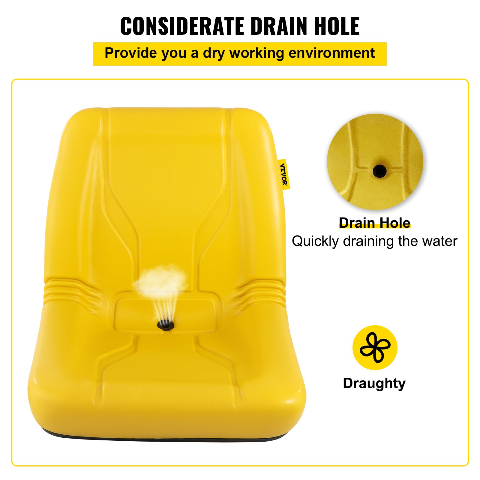 Asiento de tractor universal VEVOR, 2 piezas de respaldo alto industrial, marco de acero, asiento compacto para montacargas con orificio de drenaje, repuesto de asiento de cortacésped de PVC para césped y jardín, compatible con excavadora, cortacésped, montacargas, amarillo