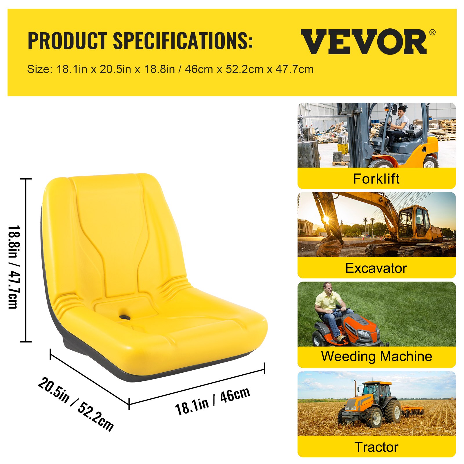 Asiento de tractor universal VEVOR, 2 piezas de respaldo alto industrial, marco de acero, asiento compacto para montacargas con orificio de drenaje, repuesto de asiento de cortacésped de PVC para césped y jardín, compatible con excavadora, cortacésped, montacargas, amarillo