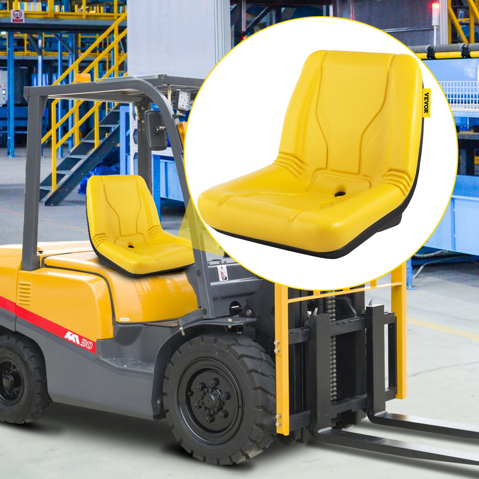 Asiento de tractor universal VEVOR, 2 piezas de respaldo alto industrial, marco de acero, asiento compacto para montacargas con orificio de drenaje, repuesto de asiento de cortacésped de PVC para césped y jardín, compatible con excavadora, cortacésped, montacargas, amarillo