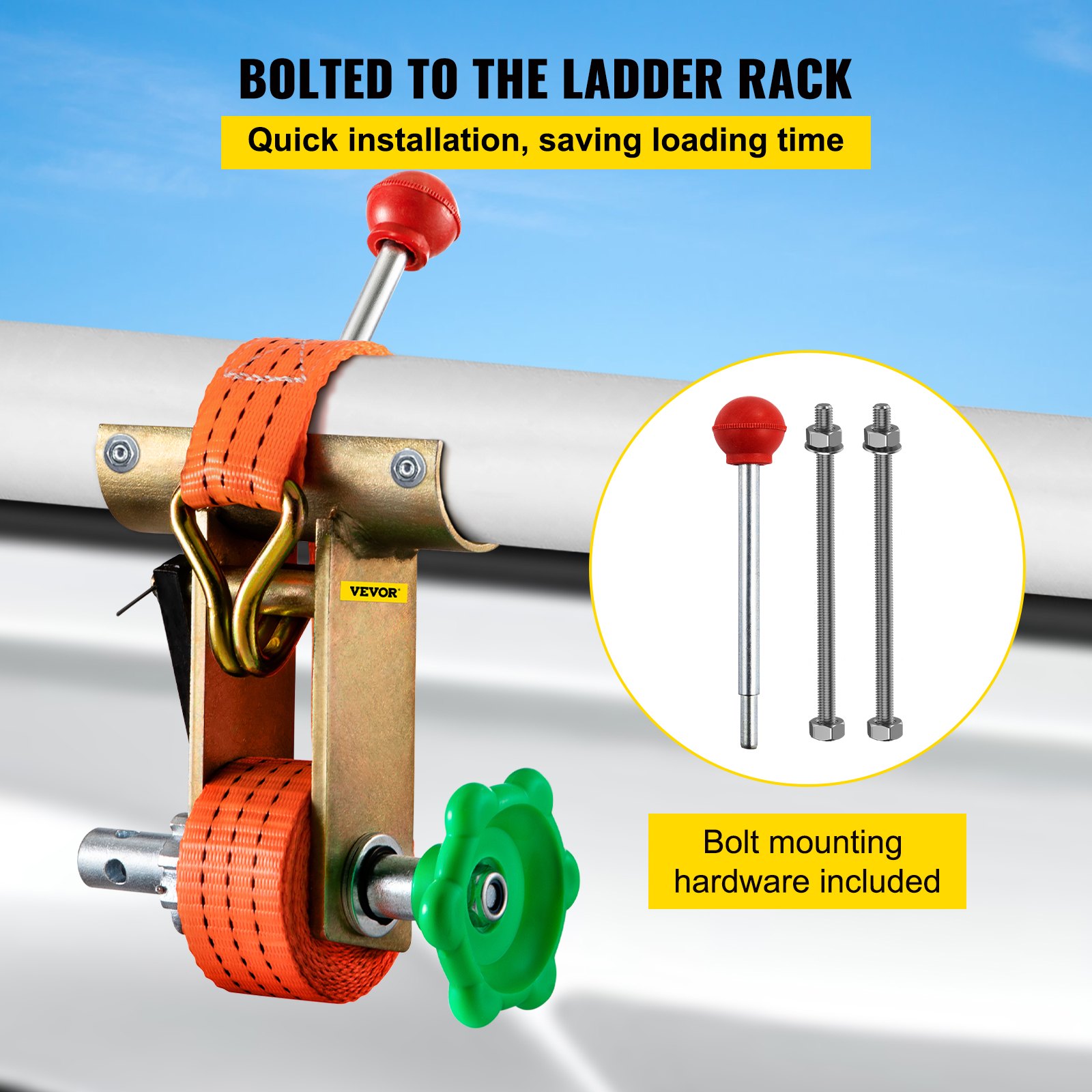 Trinquete de rack VEVOR, trinquete de montaje en tubo con capacidad de carga de 1000 LBS, correas de amarre de 9' de longitud, marco de montaje de acero para tubería, compatible con la mayoría de los racks, paquete de 2 (tubo redondo de 1-7/8" OD, naranja)