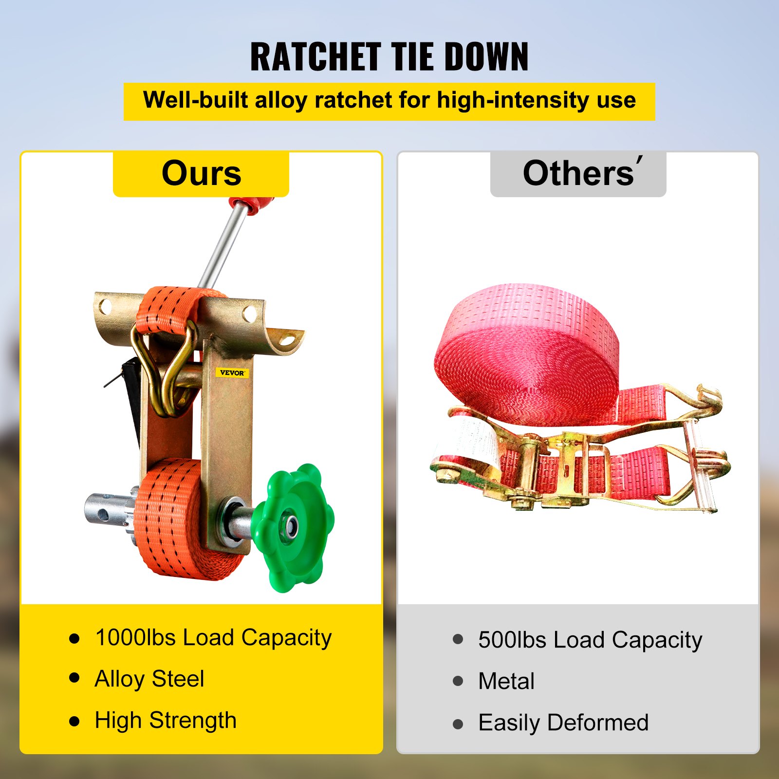 Trinquete de rack VEVOR, trinquete de montaje en tubo con capacidad de carga de 1000 LBS, correas de amarre de 9' de longitud, marco de montaje de acero para tubería, compatible con la mayoría de los racks, paquete de 2 (tubo redondo de 1-7/8" OD, naranja)