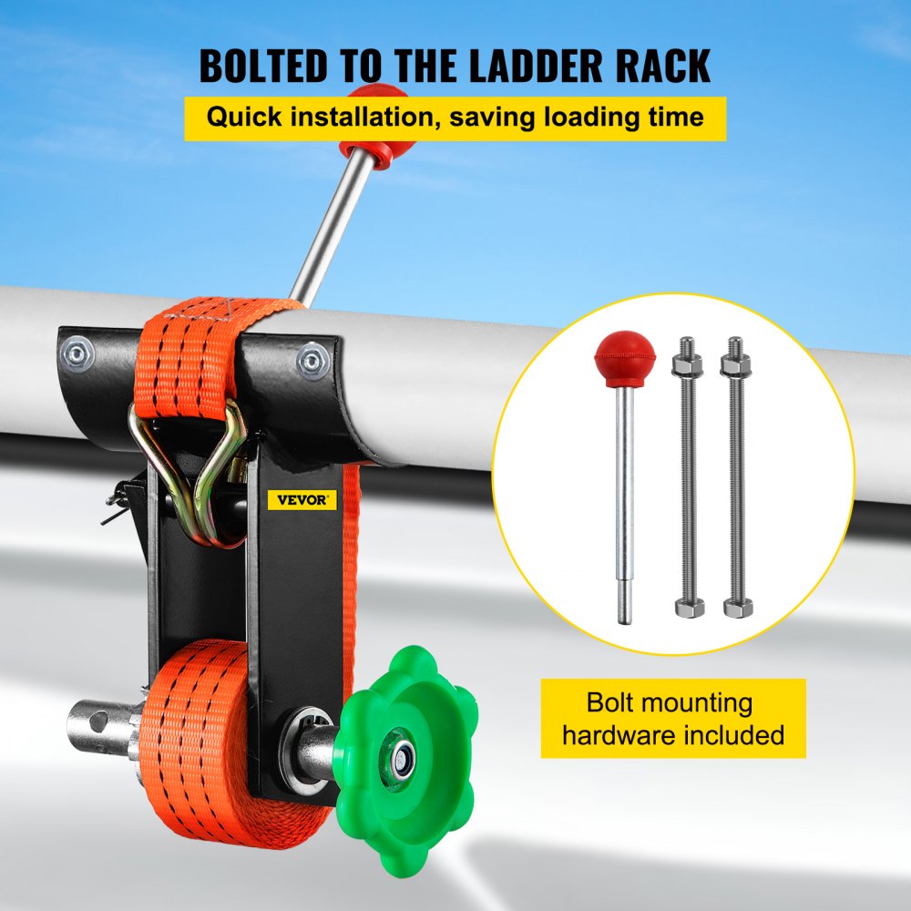 VEVOR Estante para Escalera de Acero con Trinquete de 2" de Tubo Redondo con Capacidad 1000 lbs, Resistente, Negro, 2 Herramientas de Sujeción Seguras, Correas de Amarre, Montaje para Tubería