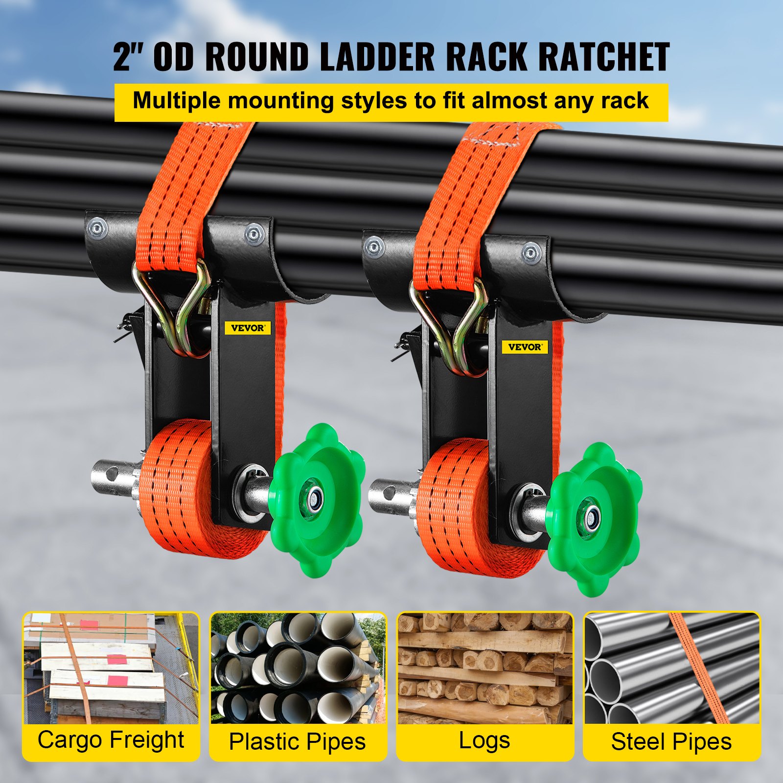 VEVOR Estante para Escalera de Acero con Trinquete de 2" de Tubo Redondo con Capacidad 1000 lbs, Resistente, Negro, 2 Herramientas de Sujeción Seguras, Correas de Amarre, Montaje para Tubería