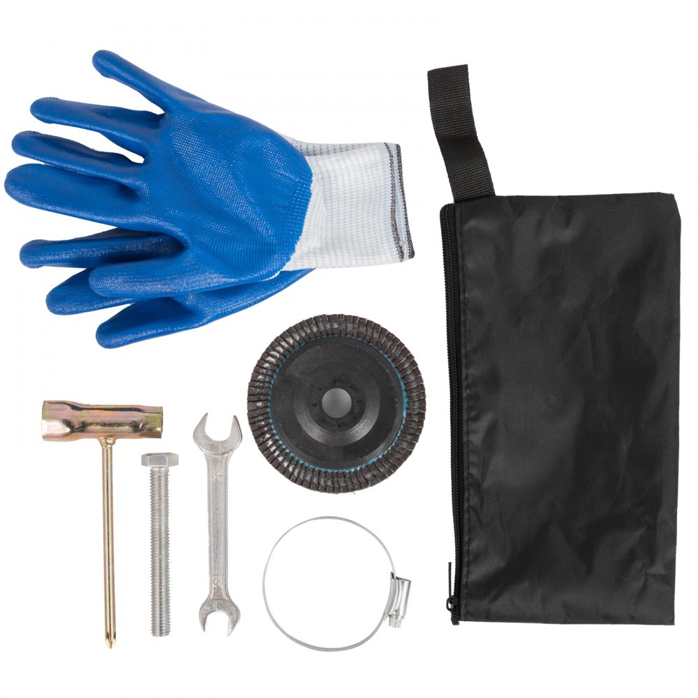 Kit afilador de cuchillas para cortadora de césped VEVOR: guantes, rueda afiladora, llave, bolsa de almacenamiento.