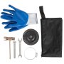 Kit afilador de cuchillas para cortadora de césped VEVOR: guantes, rueda afiladora, llave, bolsa de almacenamiento.