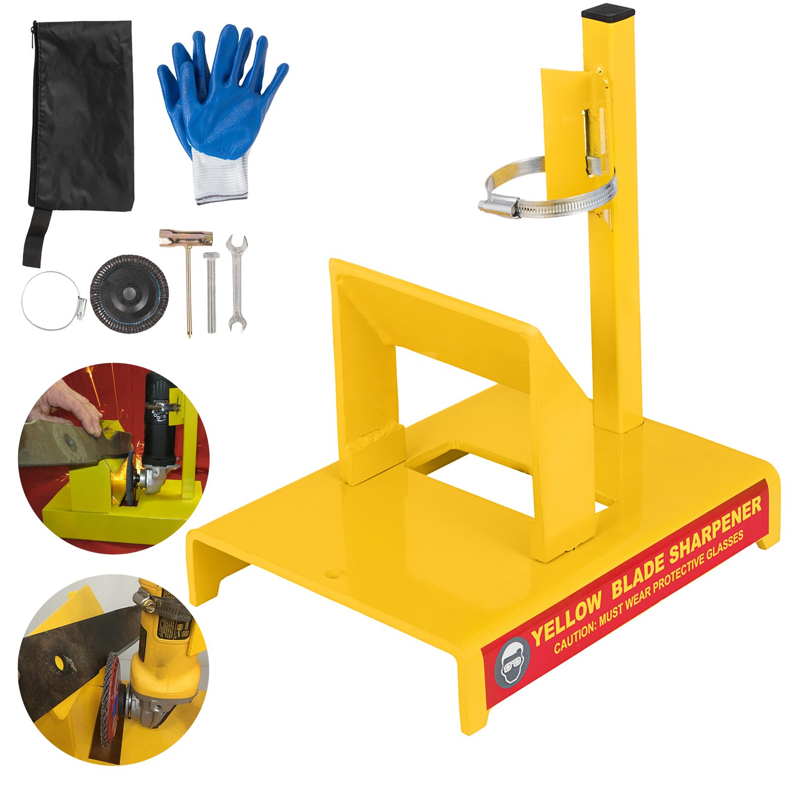 Afilador de cuchillas para cortadora de césped VEVOR con guantes, herramientas y equipo de protección.