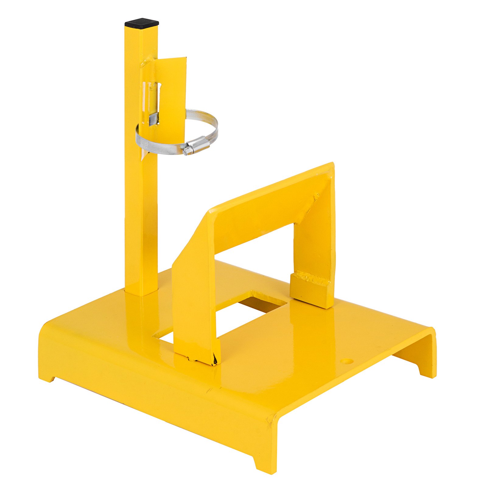Afilador de cuchillas para cortadora de césped VEVOR amarillo con base resistente y brazo ajustable.