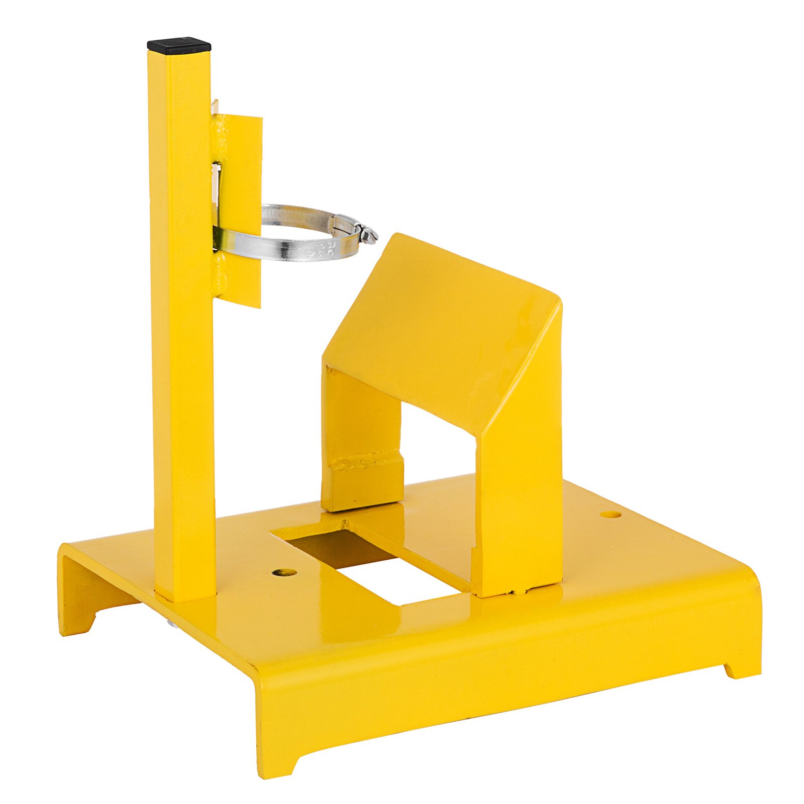 Afilador de cuchillas para cortadora de césped VEVOR amarillo con abrazadera y base resistente.