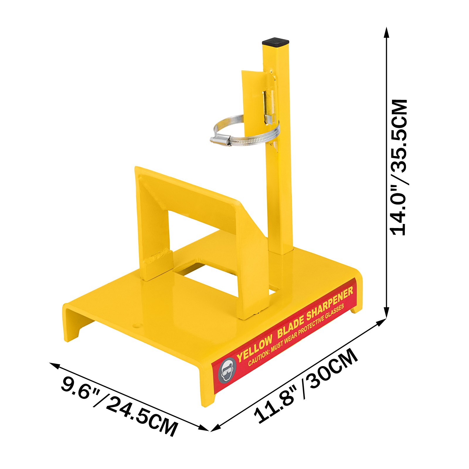 Afilador de cuchillas para cortadora de césped VEVOR amarillo con dimensiones 14&quot; x 11,8&quot; x 9,6&quot;.