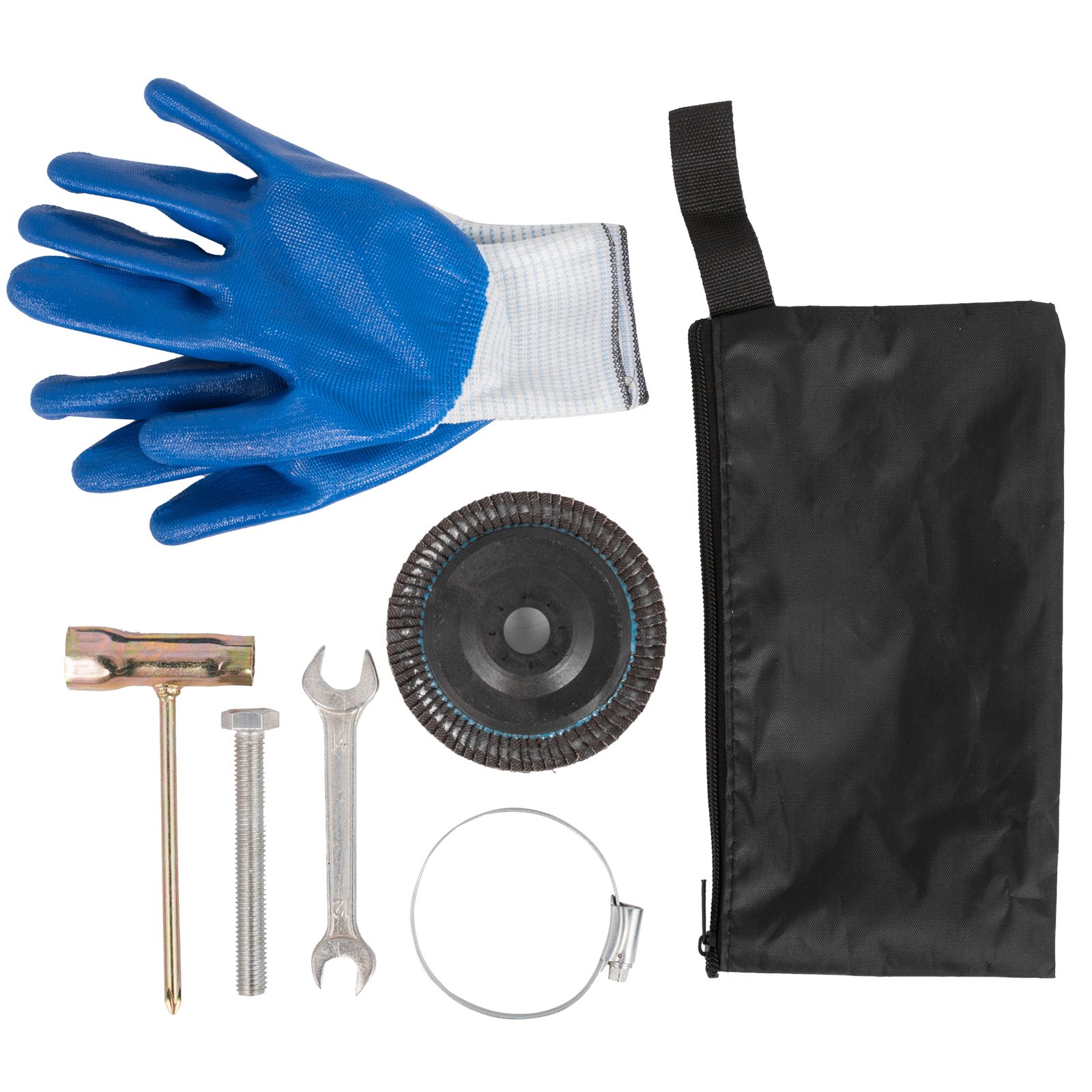 Kit afilador de cuchillas para cortadora de césped VEVOR: guantes, rueda afiladora, llave, bolsa de almacenamiento.