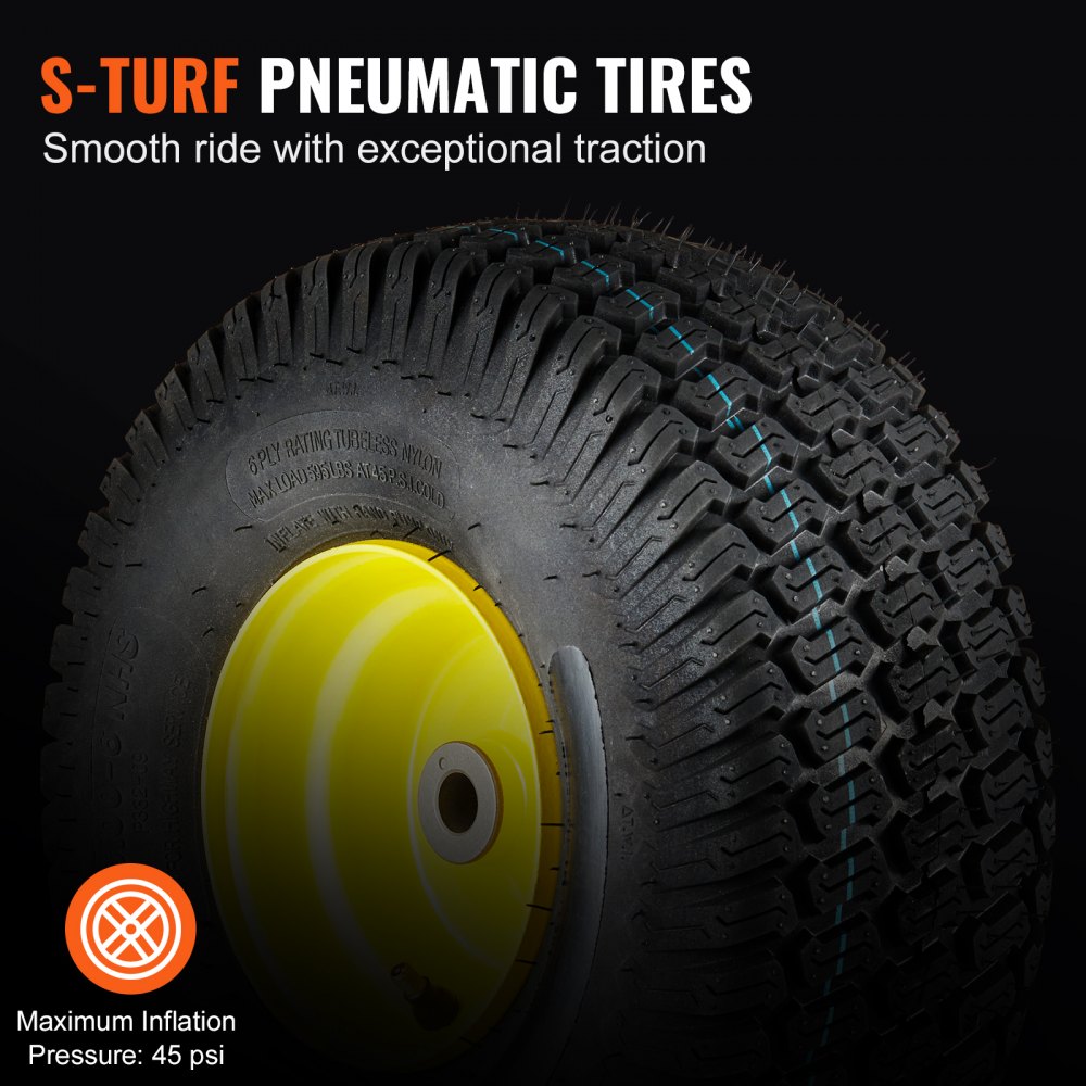Neumático s-turf con llanta amarilla, inflado máximo de 45 psi, para una conducción suave y una tracción excepcional.