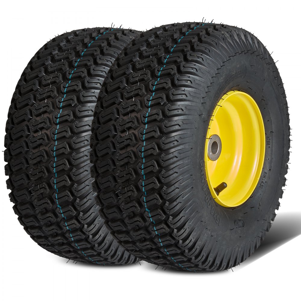 Dos neumáticos para cortadora de césped VEVOR con bandas de rodadura negras y llantas amarillas, perfectamente alineados.