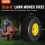 Neumáticos para cortadora de césped VEVOR 15x6-6&quot; exhibidos con una cortadora de césped, compatibles con la mayoría de las cortadoras de césped convencionales.