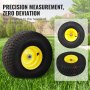 Neumáticos para cortadora de césped VEVOR medidos con precisión y cubo amarillo, para un cambio de neumáticos sin complicaciones.