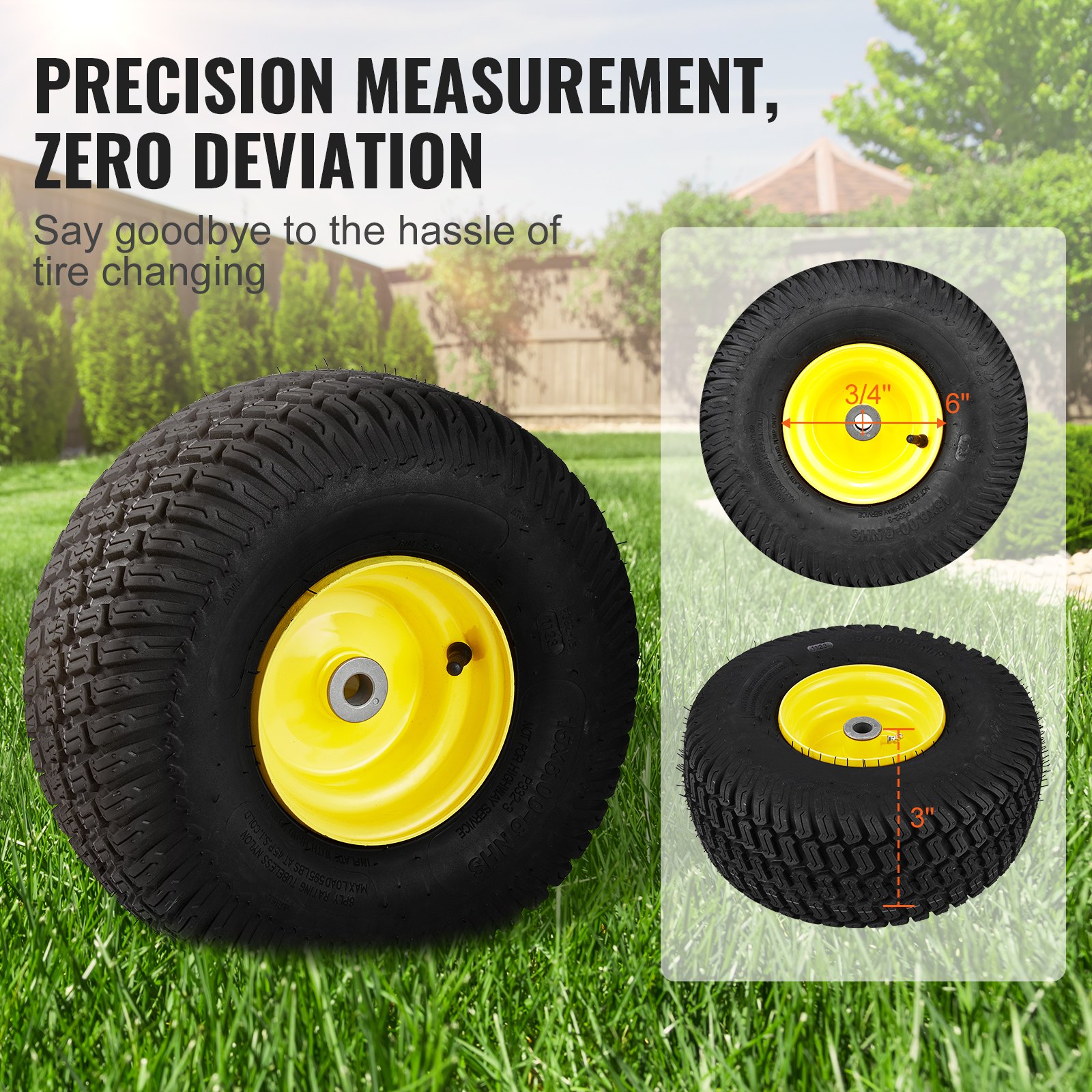Neumáticos para cortadora de césped VEVOR medidos con precisión y cubo amarillo, para un cambio de neumáticos sin complicaciones.