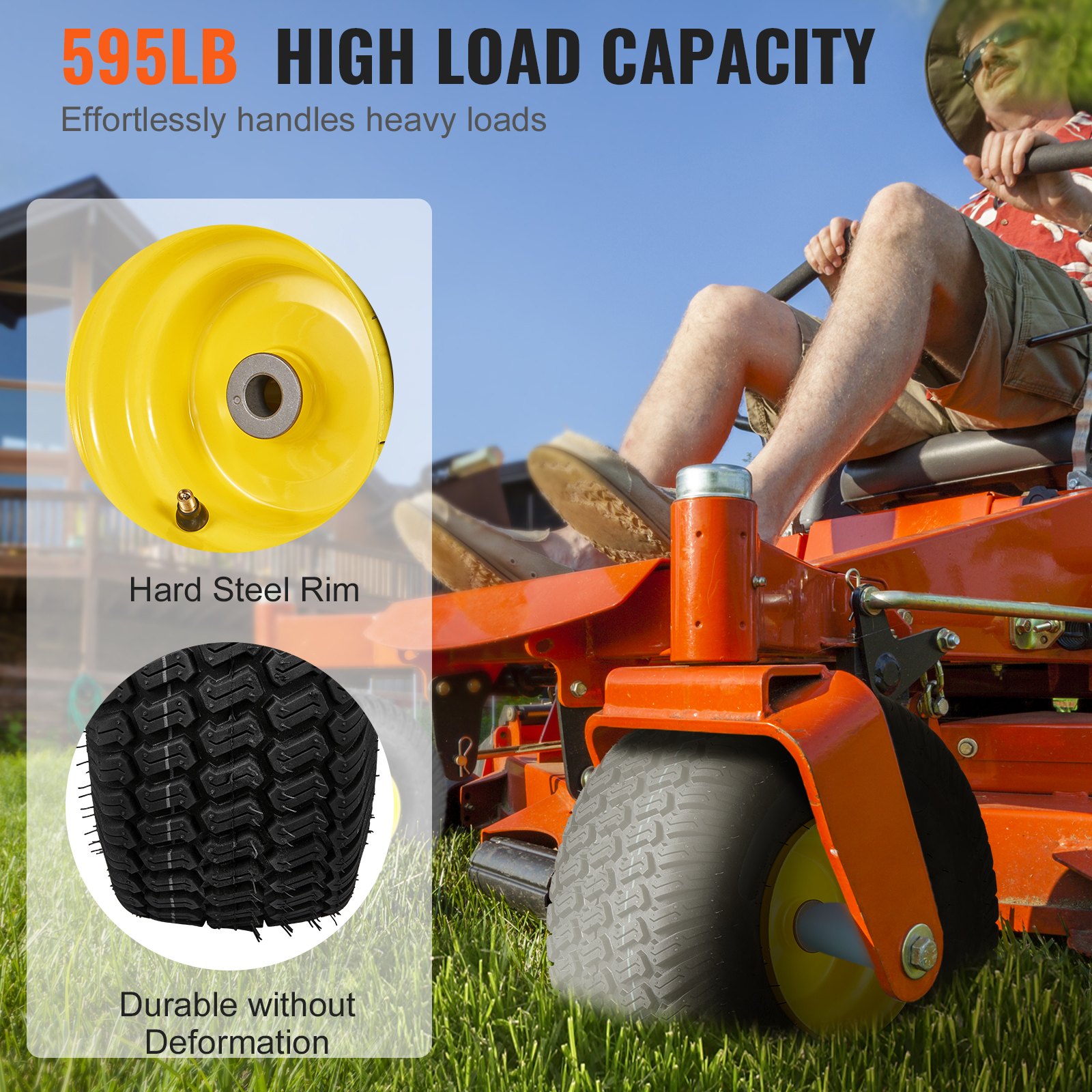 Neumáticos para cortadora de césped VEVOR con llanta de acero duro, capacidad de carga alta de 595 lb, duraderos sin deformación.