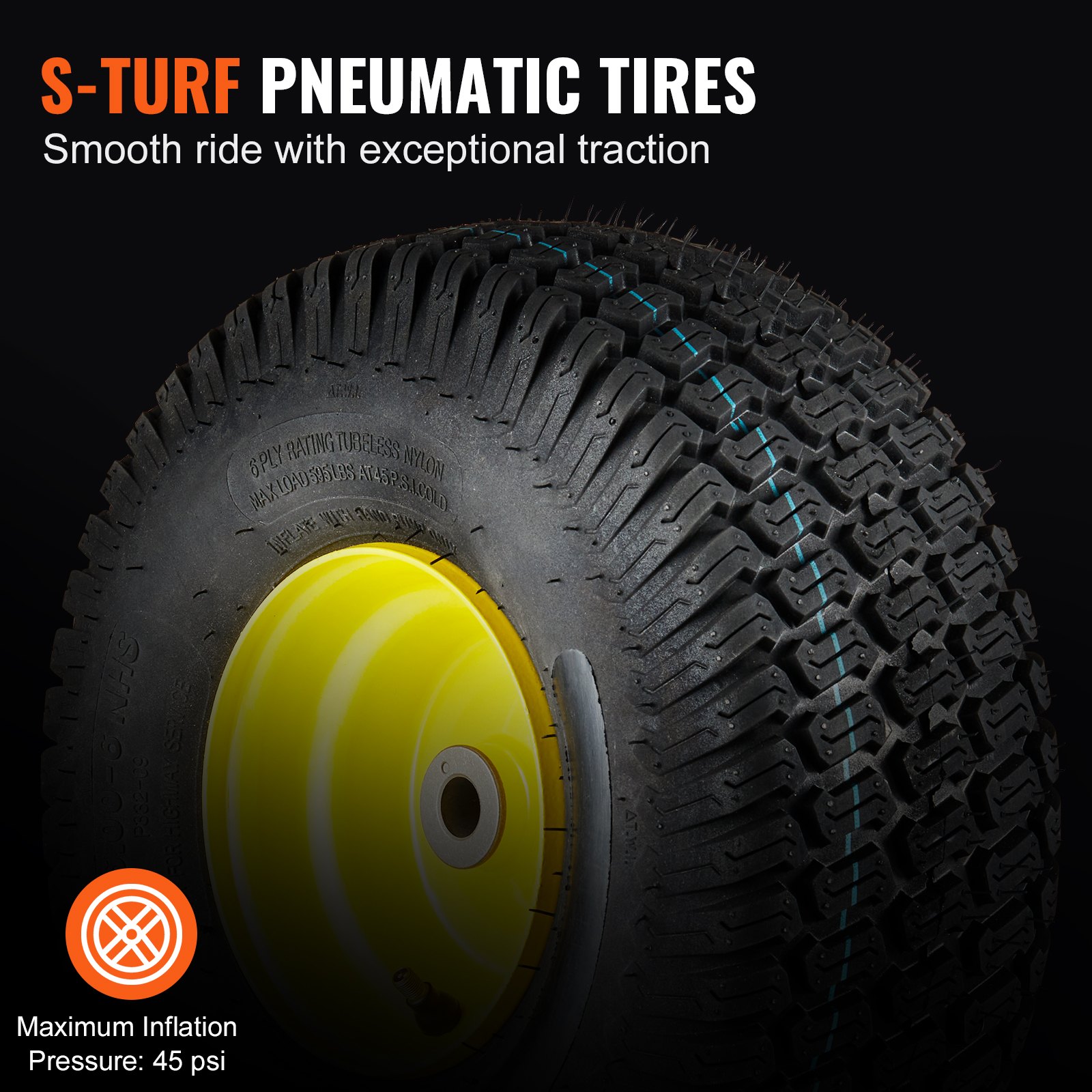 Neumático s-turf con llanta amarilla, inflado máximo de 45 psi, para una conducción suave y una tracción excepcional.