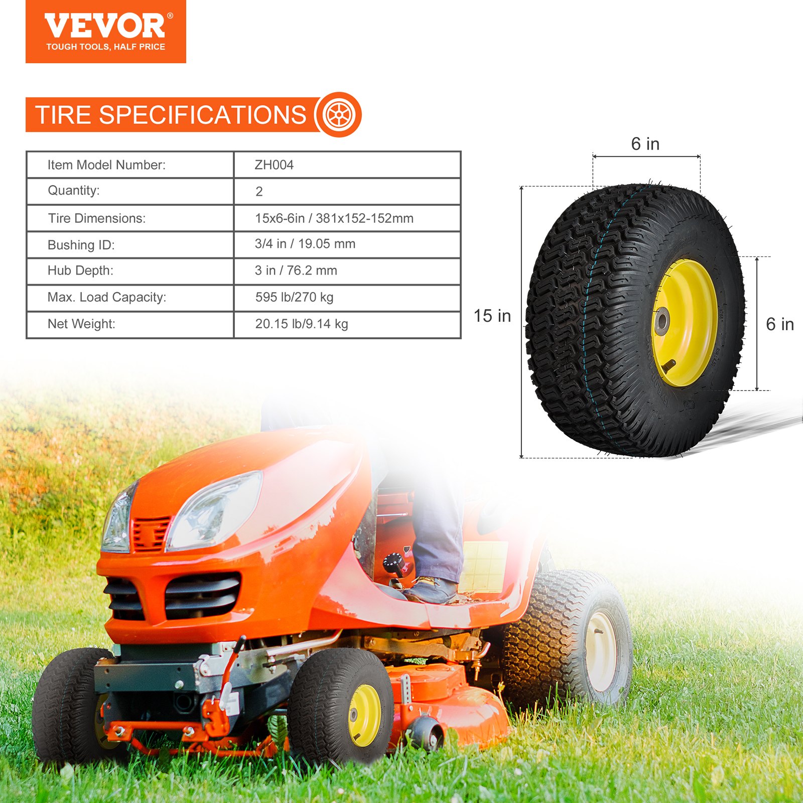 Neumáticos para cortadora de césped VEVOR, 15 x 6-6 pulgadas, juego de 2, capacidad de 595 lb, dimensiones y especificaciones detalladas de los neumáticos.